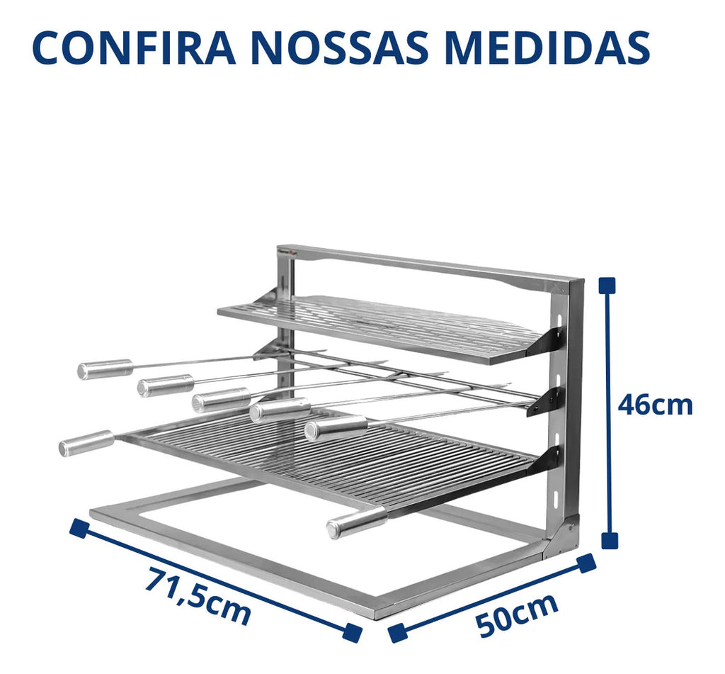 Churrasqueira Inox Suporte Fundo Suspenso Flutuante 71,5x50